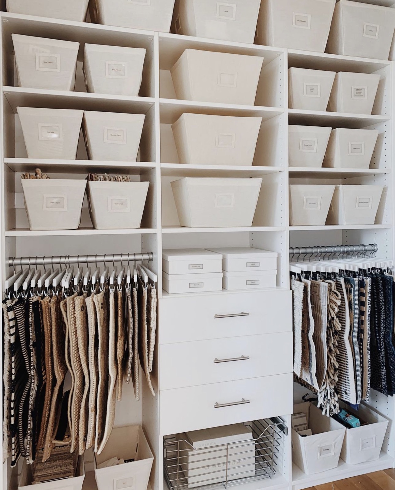 Organized Closet with cloth bins